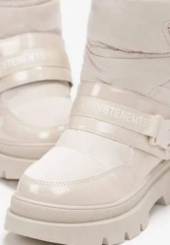 Beżowe Śniegowce Lakierowane z Taśmami z Napisami Ermanno