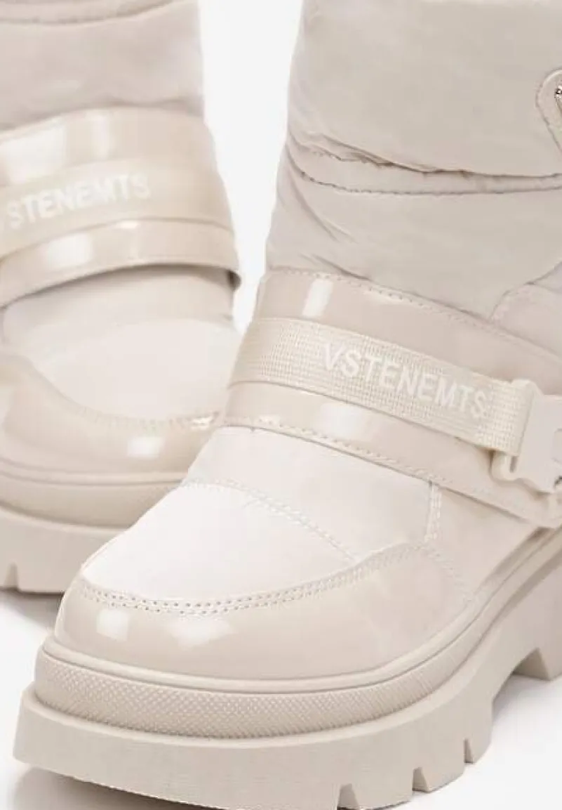 Beżowe Śniegowce Lakierowane z Taśmami z Napisami Ermanno