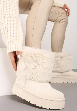 Beżowe Śniegowce na Grubej Podeszwie Ozdobione Futerkiem Naolani