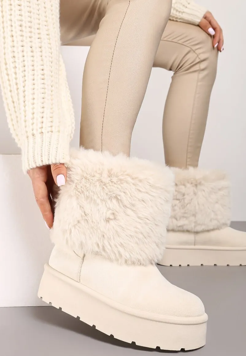 Beżowe Śniegowce na Grubej Podeszwie Ozdobione Futerkiem Naolani