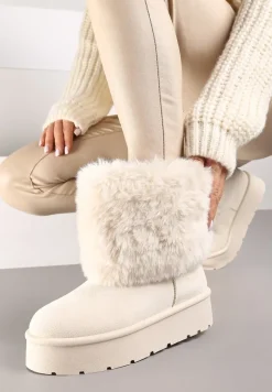 Beżowe Śniegowce na Grubej Podeszwie Ozdobione Futerkiem Naolani