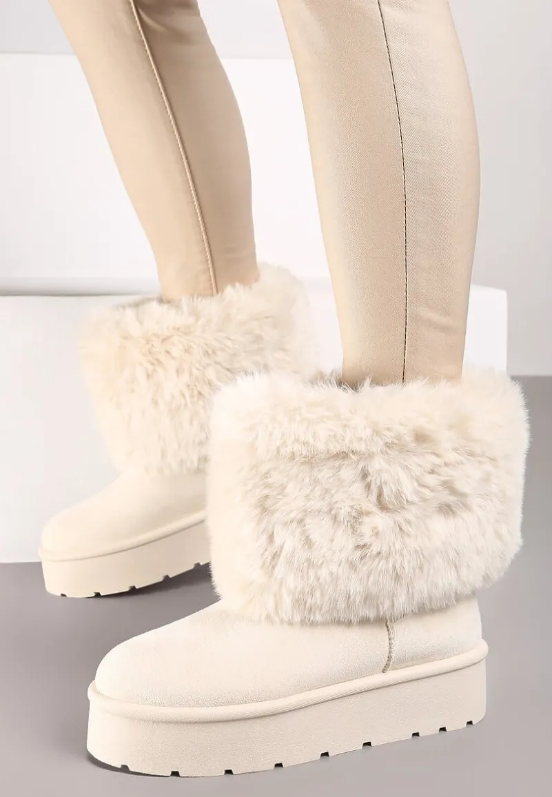 Beżowe Śniegowce na Grubej Podeszwie Ozdobione Futerkiem Naolani