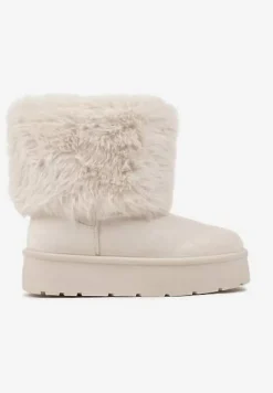 Beżowe Śniegowce na Grubej Podeszwie Ozdobione Futerkiem Naolani