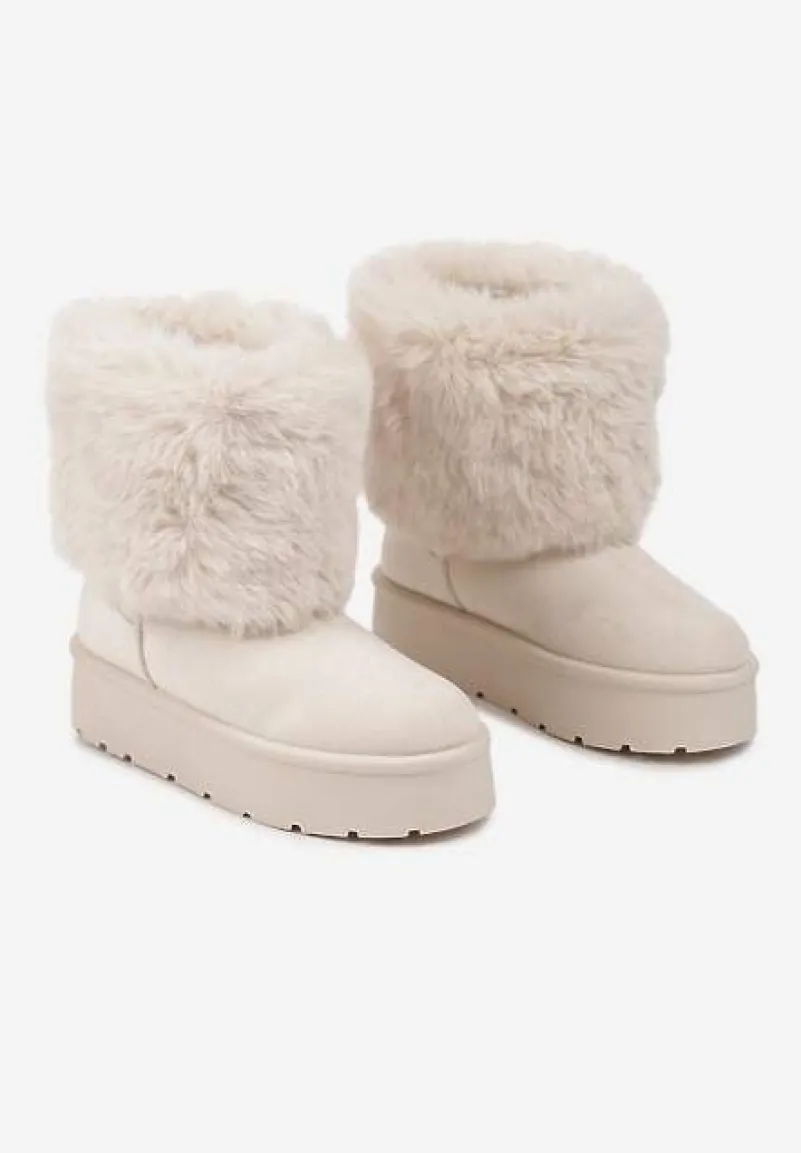 Beżowe Śniegowce na Grubej Podeszwie Ozdobione Futerkiem Naolani