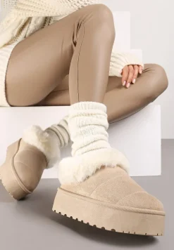 Beżowe Śniegowce na Grubej Podeszwie z Ociepleniem z Futerka Tirisha
