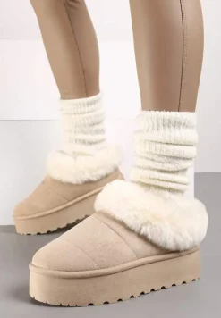 Beżowe Śniegowce na Grubej Podeszwie z Ociepleniem z Futerka Tirisha