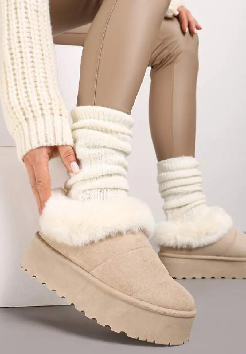 Beżowe Śniegowce na Grubej Podeszwie z Ociepleniem z Futerka Tirisha