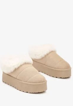 Beżowe Śniegowce na Grubej Podeszwie z Ociepleniem z Futerka Tirisha