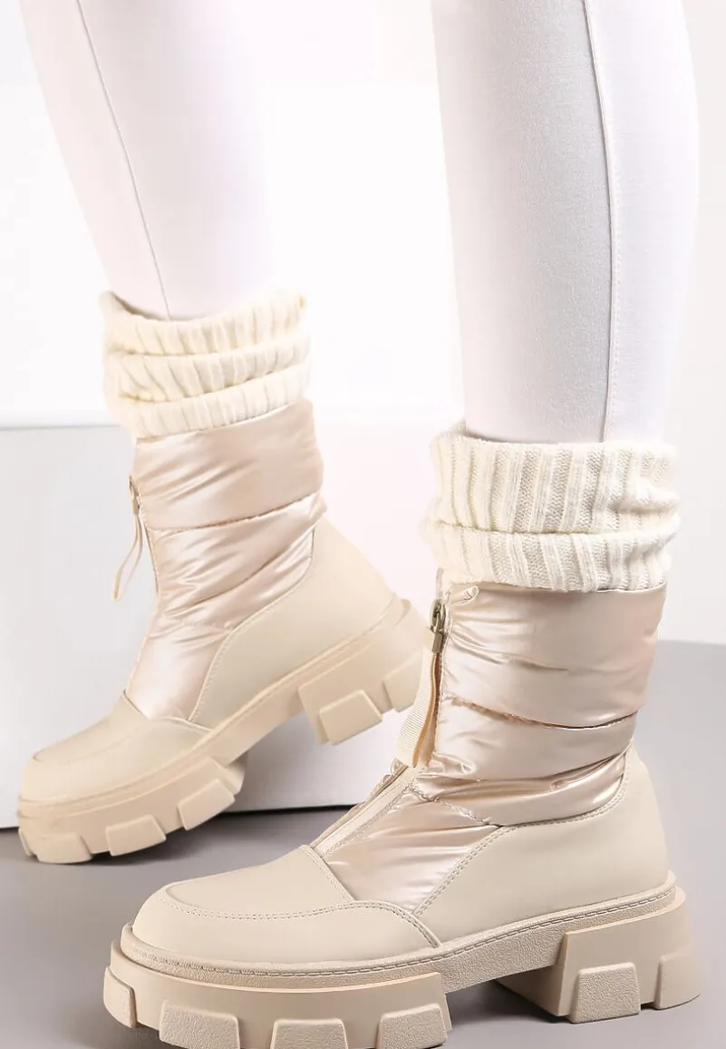 Beżowe Śniegowce na Grubej Podeszwie Besi