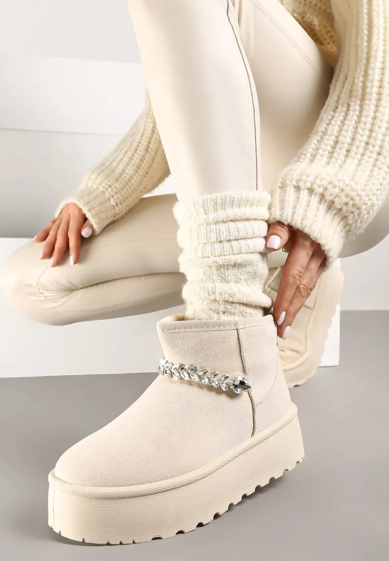 Beżowe Śniegowce na Grubej Podeszwie z Ekozamszu Ozdobione Cyrkoniowym Łańcuszkiem Ninnalith