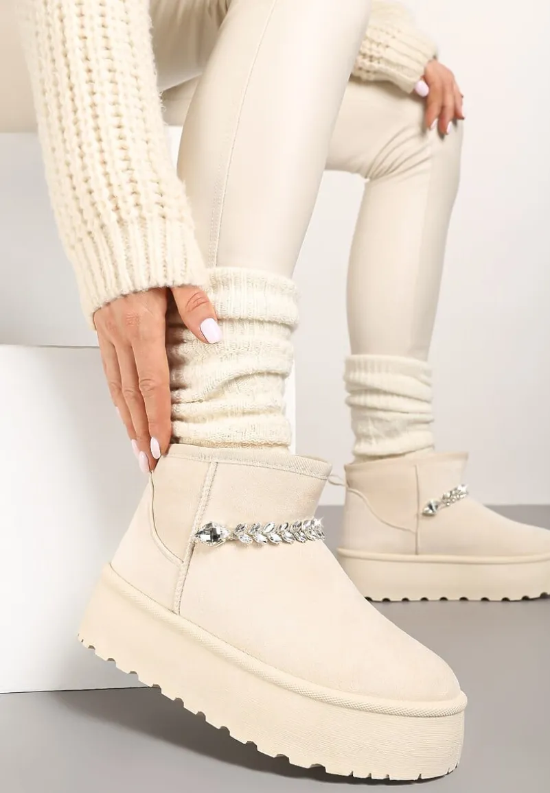 Beżowe Śniegowce na Grubej Podeszwie z Ekozamszu Ozdobione Cyrkoniowym Łańcuszkiem Ninnalith