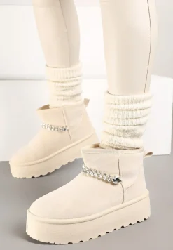Beżowe Śniegowce na Grubej Podeszwie z Ekozamszu Ozdobione Cyrkoniowym Łańcuszkiem Ninnalith