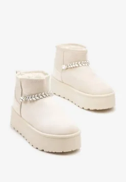Beżowe Śniegowce na Grubej Podeszwie z Ekozamszu Ozdobione Cyrkoniowym Łańcuszkiem Ninnalith