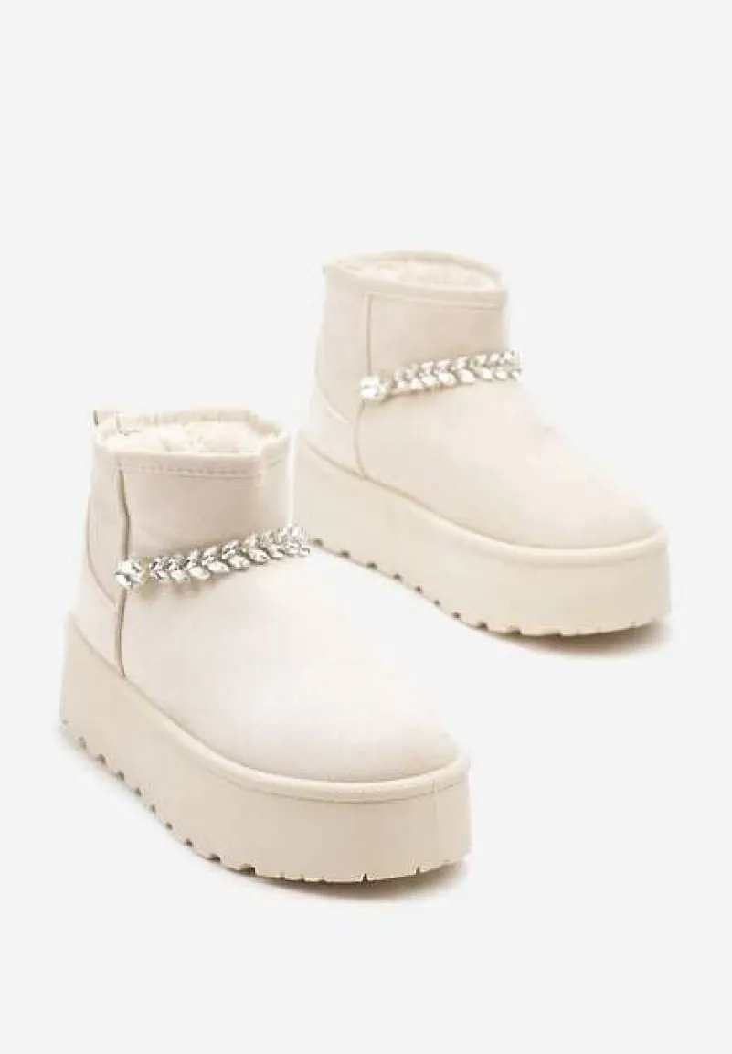 Beżowe Śniegowce na Grubej Podeszwie z Ekozamszu Ozdobione Cyrkoniowym Łańcuszkiem Ninnalith