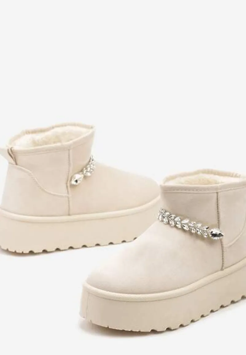 Beżowe Śniegowce na Grubej Podeszwie z Ekozamszu Ozdobione Cyrkoniowym Łańcuszkiem Ninnalith