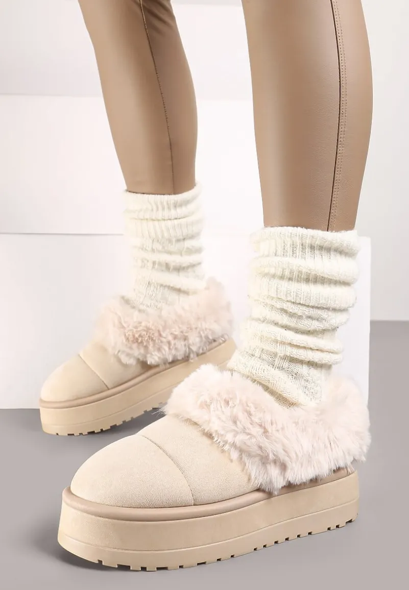 Beżowe Śniegowce na Grubej Podeszwie z Pikowanego Materiału Ozdobione Futerkiem Avirorae