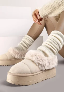 Beżowe Śniegowce na Grubej Podeszwie z Pikowanego Materiału Ozdobione Futerkiem Avirorae