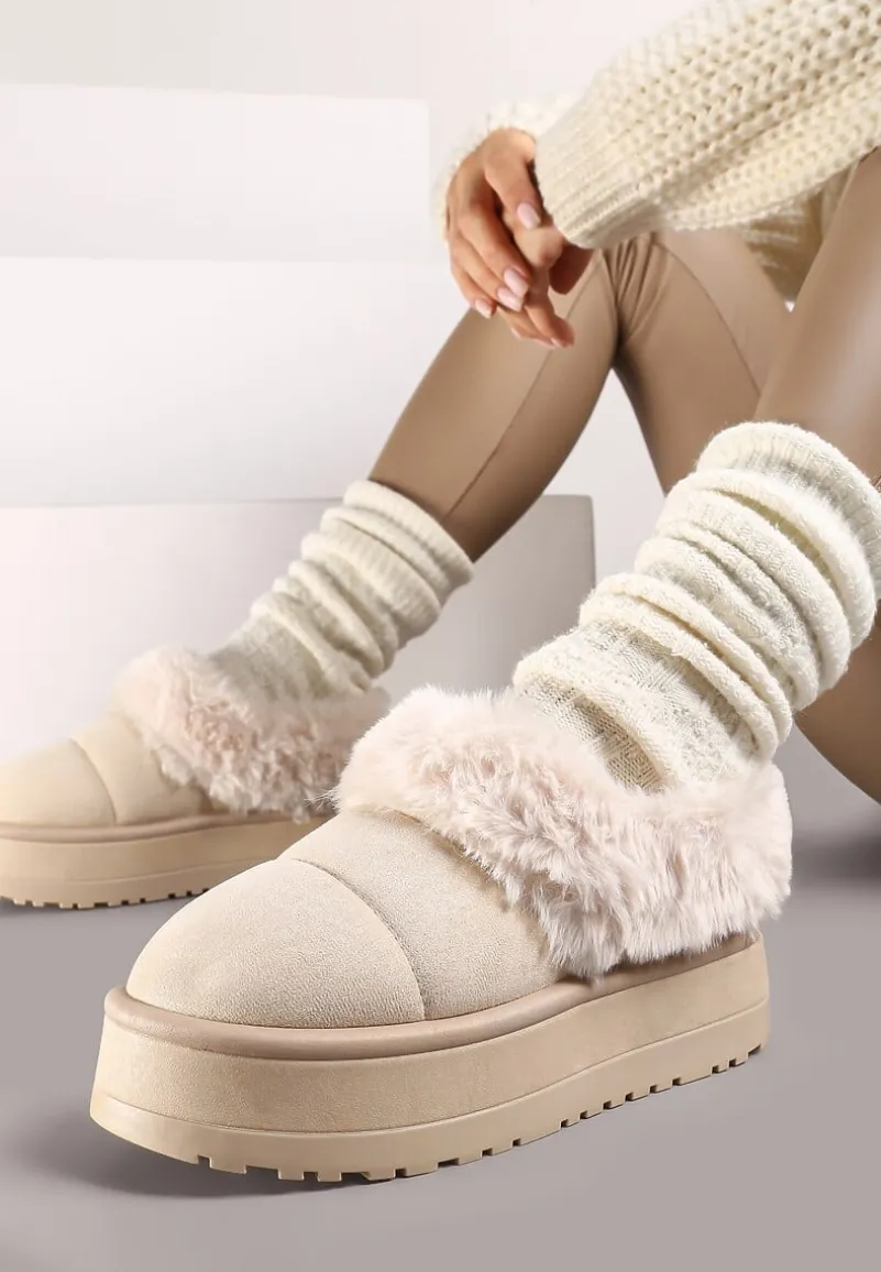 Beżowe Śniegowce na Grubej Podeszwie z Pikowanego Materiału Ozdobione Futerkiem Avirorae