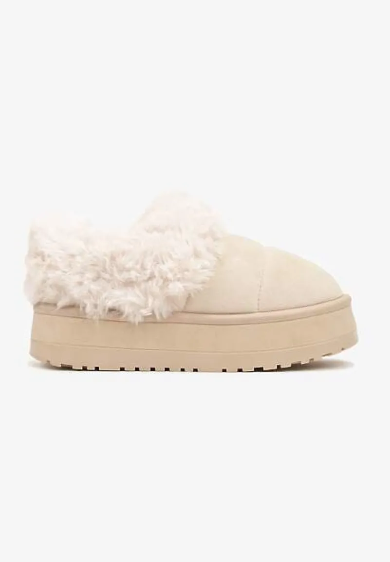 Beżowe Śniegowce na Grubej Podeszwie z Pikowanego Materiału Ozdobione Futerkiem Avirorae