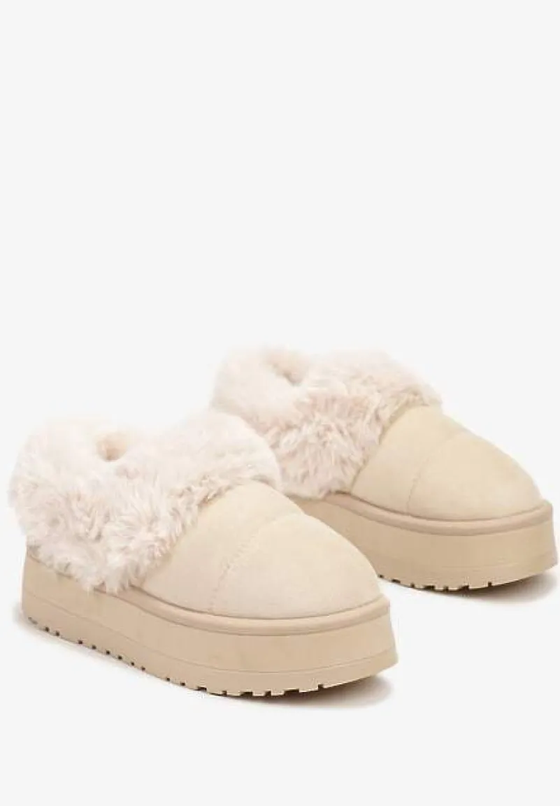 Beżowe Śniegowce na Grubej Podeszwie z Pikowanego Materiału Ozdobione Futerkiem Avirorae