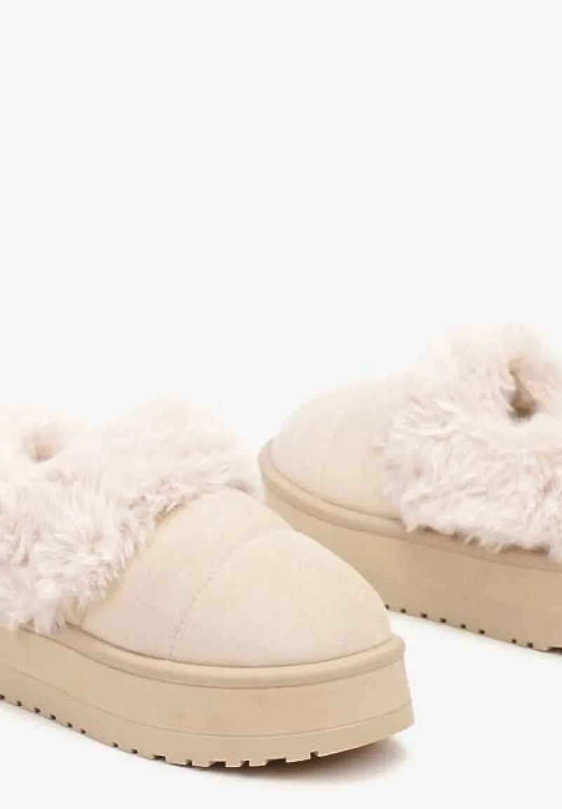 Beżowe Śniegowce na Grubej Podeszwie z Pikowanego Materiału Ozdobione Futerkiem Avirorae