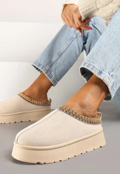Beżowe Śniegowce na Grubej Podeszwie z Niską Cholewką Zdobioną Haftem Neallira