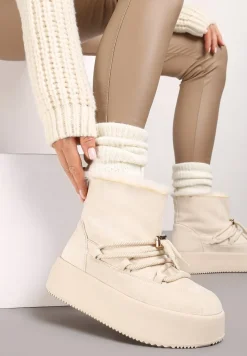 Beżowe Śniegowce na Grubej Podeszwie Bez Zapięć z Imitacją Sznurowadeł Kaithena