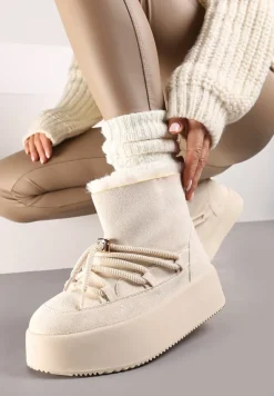 Beżowe Śniegowce na Grubej Podeszwie Bez Zapięć z Imitacją Sznurowadeł Kaithena