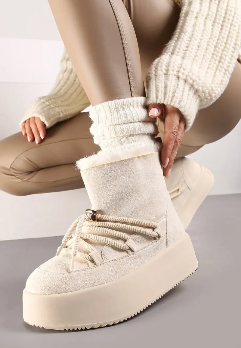Beżowe Śniegowce na Grubej Podeszwie Bez Zapięć z Imitacją Sznurowadeł Kaithena