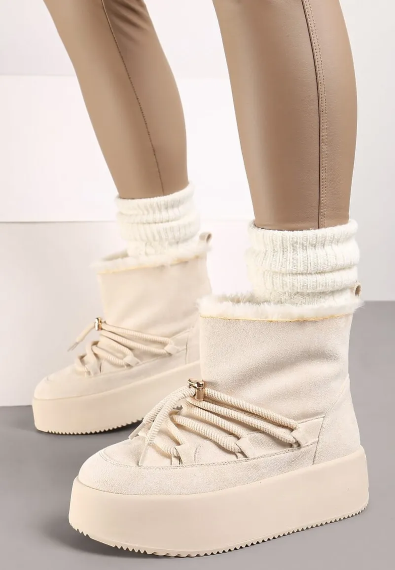Beżowe Śniegowce na Grubej Podeszwie Bez Zapięć z Imitacją Sznurowadeł Kaithena