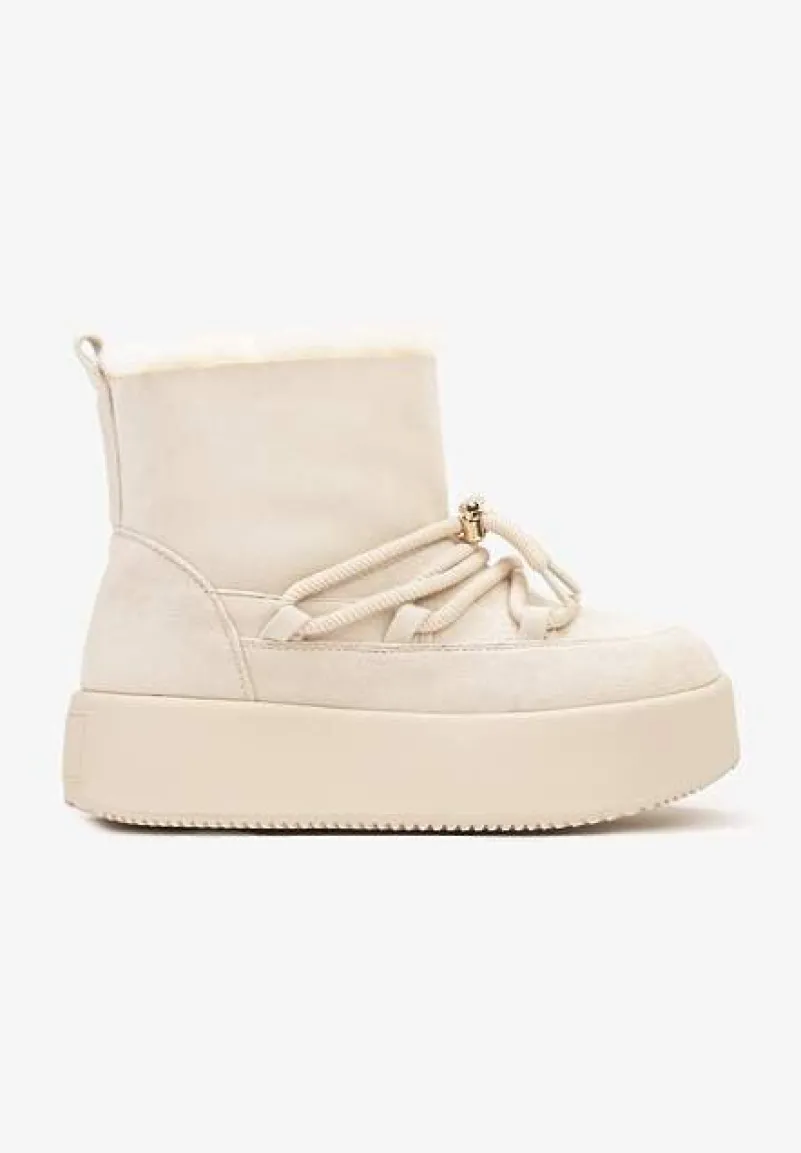 Beżowe Śniegowce na Grubej Podeszwie Bez Zapięć z Imitacją Sznurowadeł Kaithena