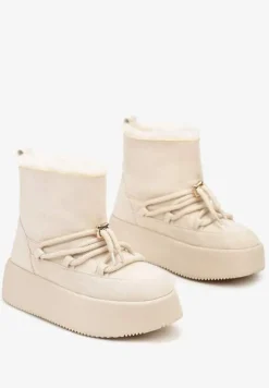 Beżowe Śniegowce na Grubej Podeszwie Bez Zapięć z Imitacją Sznurowadeł Kaithena