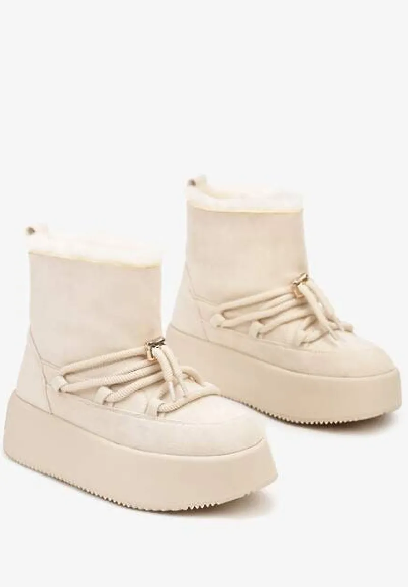 Beżowe Śniegowce na Grubej Podeszwie Bez Zapięć z Imitacją Sznurowadeł Kaithena