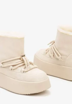 Beżowe Śniegowce na Grubej Podeszwie Bez Zapięć z Imitacją Sznurowadeł Kaithena