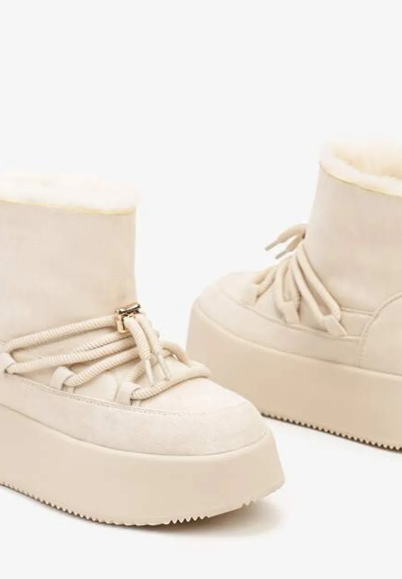 Beżowe Śniegowce na Grubej Podeszwie Bez Zapięć z Imitacją Sznurowadeł Kaithena
