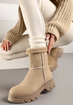 Beżowe Śniegowce na Niskiej Platformie z Ozdobnym Futerkiem Revianna