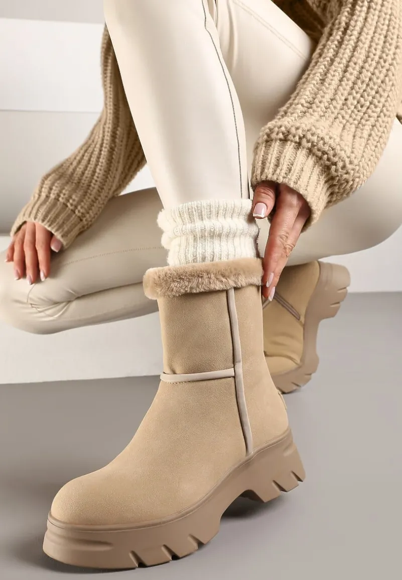 Beżowe Śniegowce na Niskiej Platformie z Ozdobnym Futerkiem Revianna