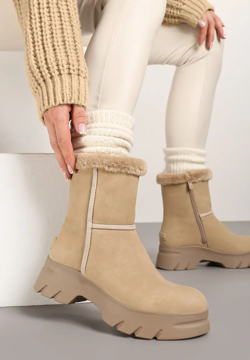 Beżowe Śniegowce na Niskiej Platformie z Ozdobnym Futerkiem Revianna