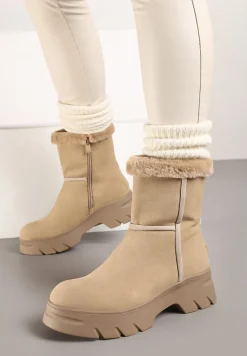 Beżowe Śniegowce na Niskiej Platformie z Ozdobnym Futerkiem Revianna