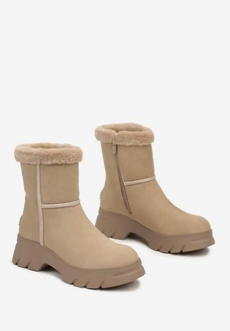 Beżowe Śniegowce na Niskiej Platformie z Ozdobnym Futerkiem Revianna