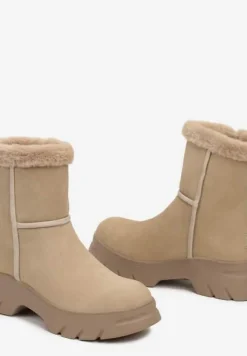 Beżowe Śniegowce na Niskiej Platformie z Ozdobnym Futerkiem Revianna