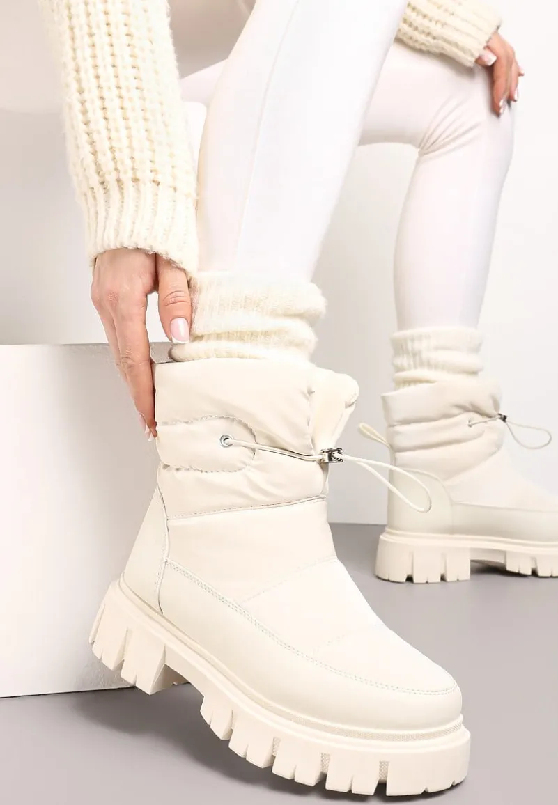 Beżowe Śniegowce na Niskiej Platformie z Ozdobnym Pikowaniem i Ściągaczem Raballa