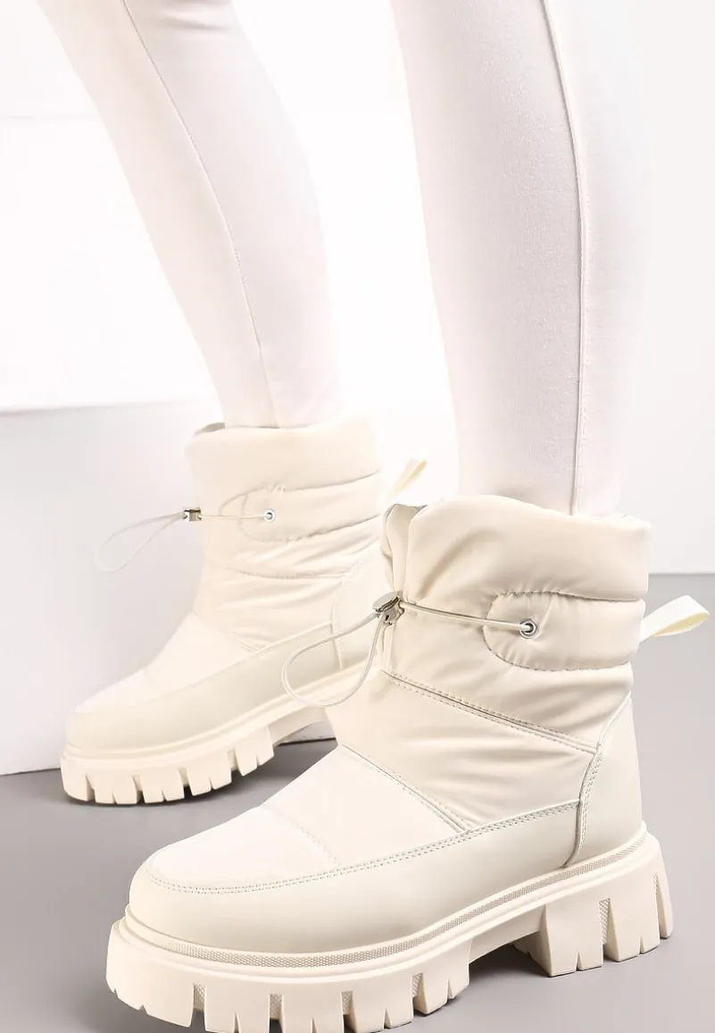 Beżowe Śniegowce na Niskiej Platformie z Ozdobnym Pikowaniem i Ściągaczem Raballa