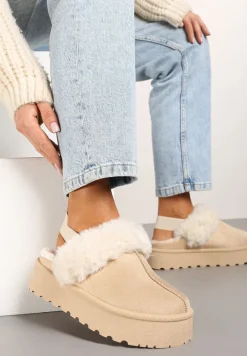 Beżowe Śniegowce na Niskiej Platformie z Odkrytą Piętą i Futrzanym Zdobieniem Virezi