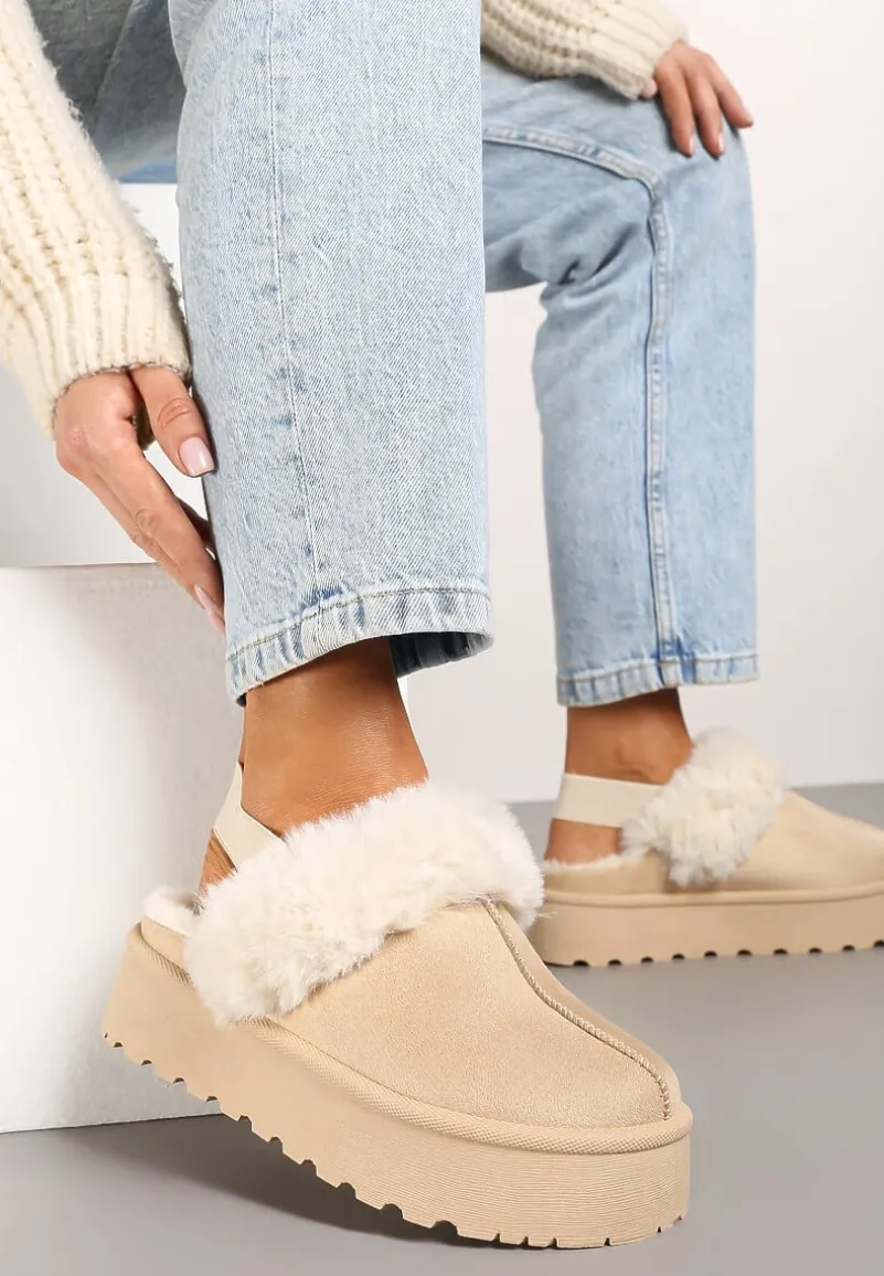 Beżowe Śniegowce na Niskiej Platformie z Odkrytą Piętą i Futrzanym Zdobieniem Virezi