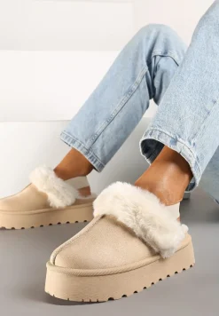 Beżowe Śniegowce na Niskiej Platformie z Odkrytą Piętą i Futrzanym Zdobieniem Virezi