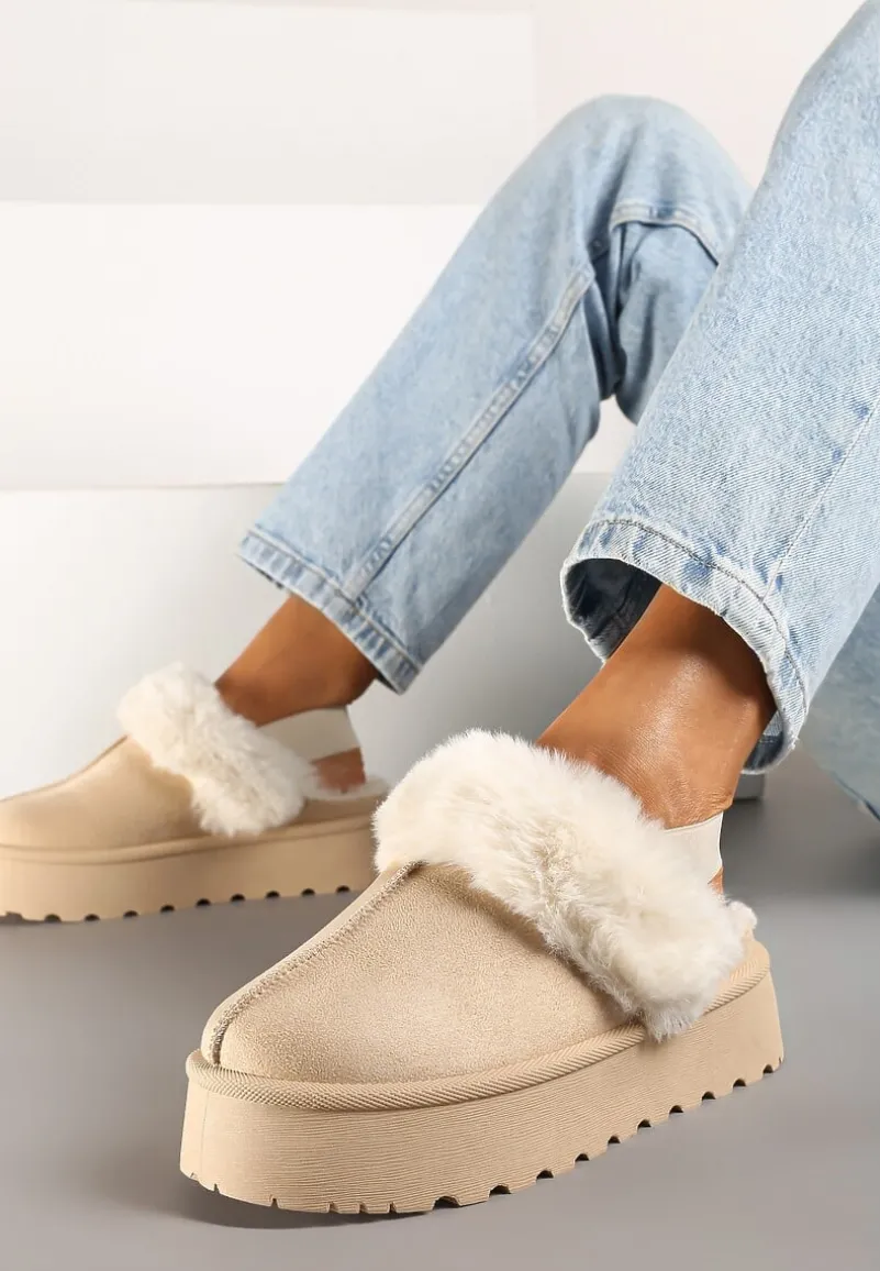 Beżowe Śniegowce na Niskiej Platformie z Odkrytą Piętą i Futrzanym Zdobieniem Virezi