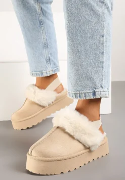 Beżowe Śniegowce na Niskiej Platformie z Odkrytą Piętą i Futrzanym Zdobieniem Virezi