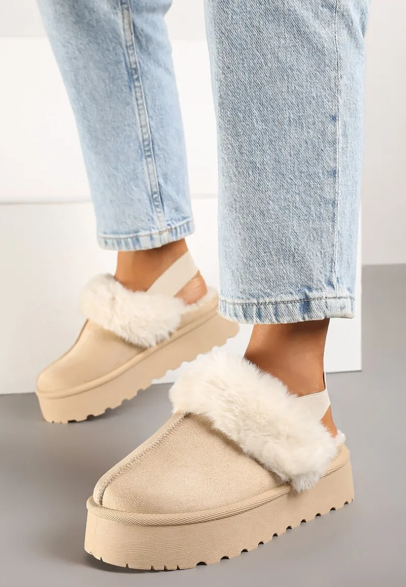 Beżowe Śniegowce na Niskiej Platformie z Odkrytą Piętą i Futrzanym Zdobieniem Virezi