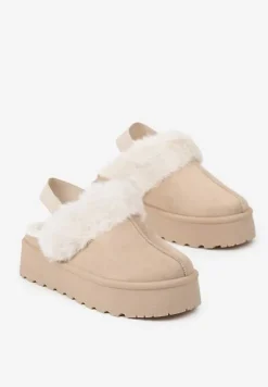 Beżowe Śniegowce na Niskiej Platformie z Odkrytą Piętą i Futrzanym Zdobieniem Virezi